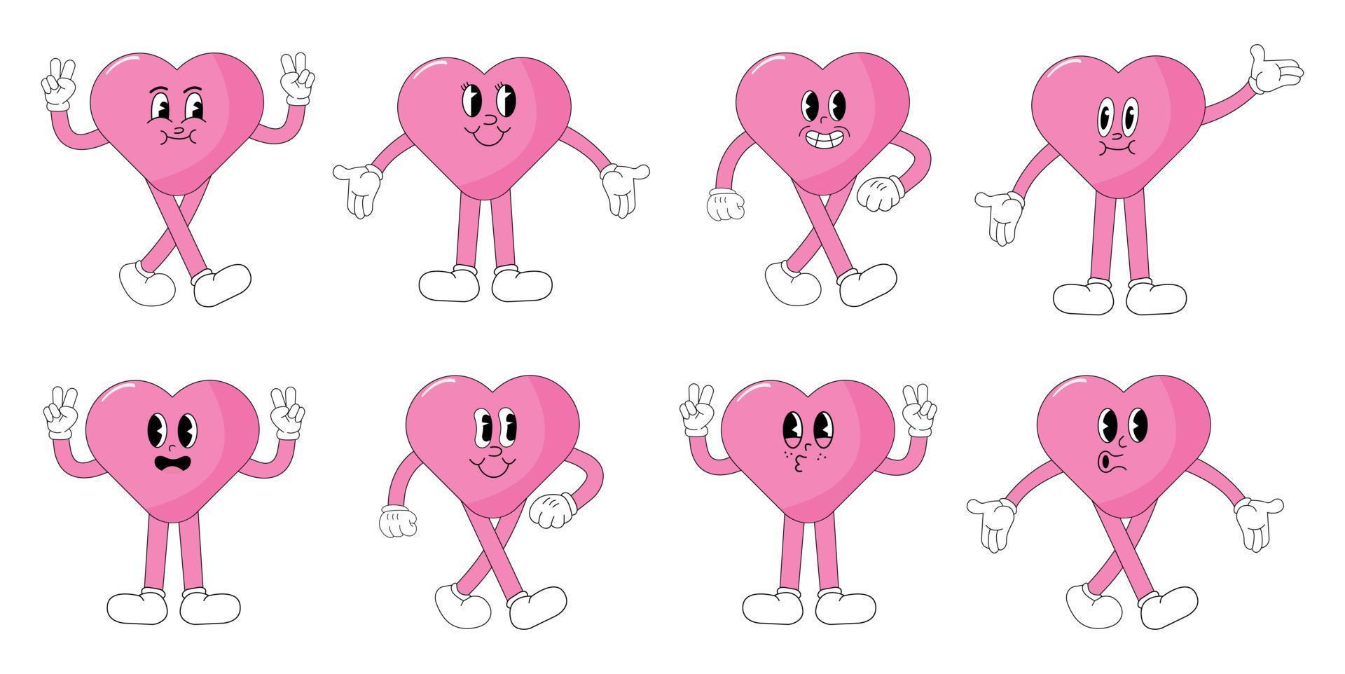 Groovy love sticker set. Comic happy heart character in trendy retro 60s 70s cartoon style. Retro characters and elements. vector