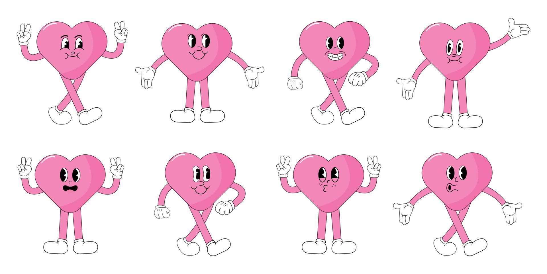 maravilloso juego de pegatinas de amor. personaje cómico de corazón feliz en el moderno estilo de dibujos animados retro de los años 60 y 70. personajes y elementos retro. vector