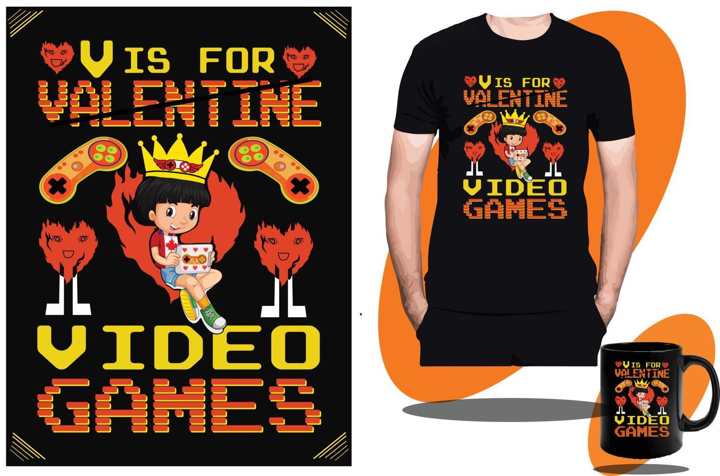 v es para el diseño de camisetas de videojuegos de San Valentín o el diseño y vector de camisetas para niños de juegos