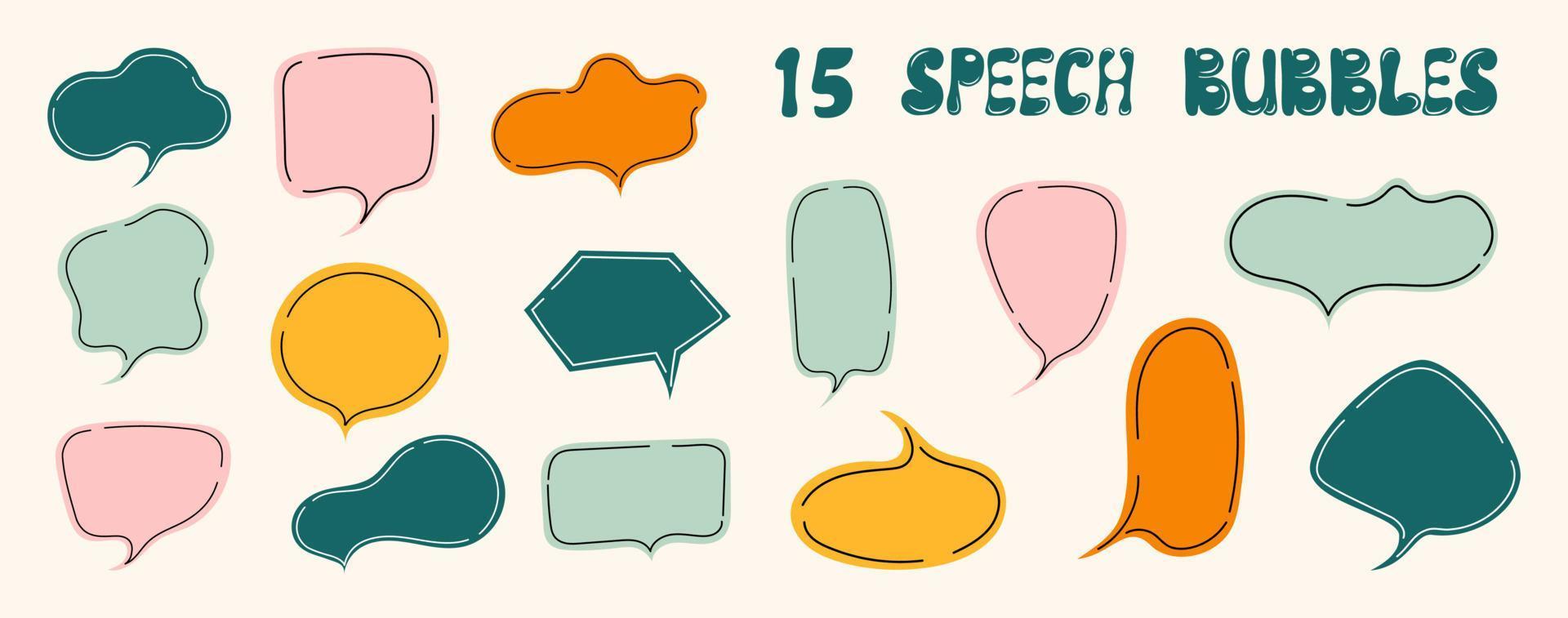 Set of 15 speech bubbles. Hand-drawn chatting clouds. Chatting. Vector illustration.