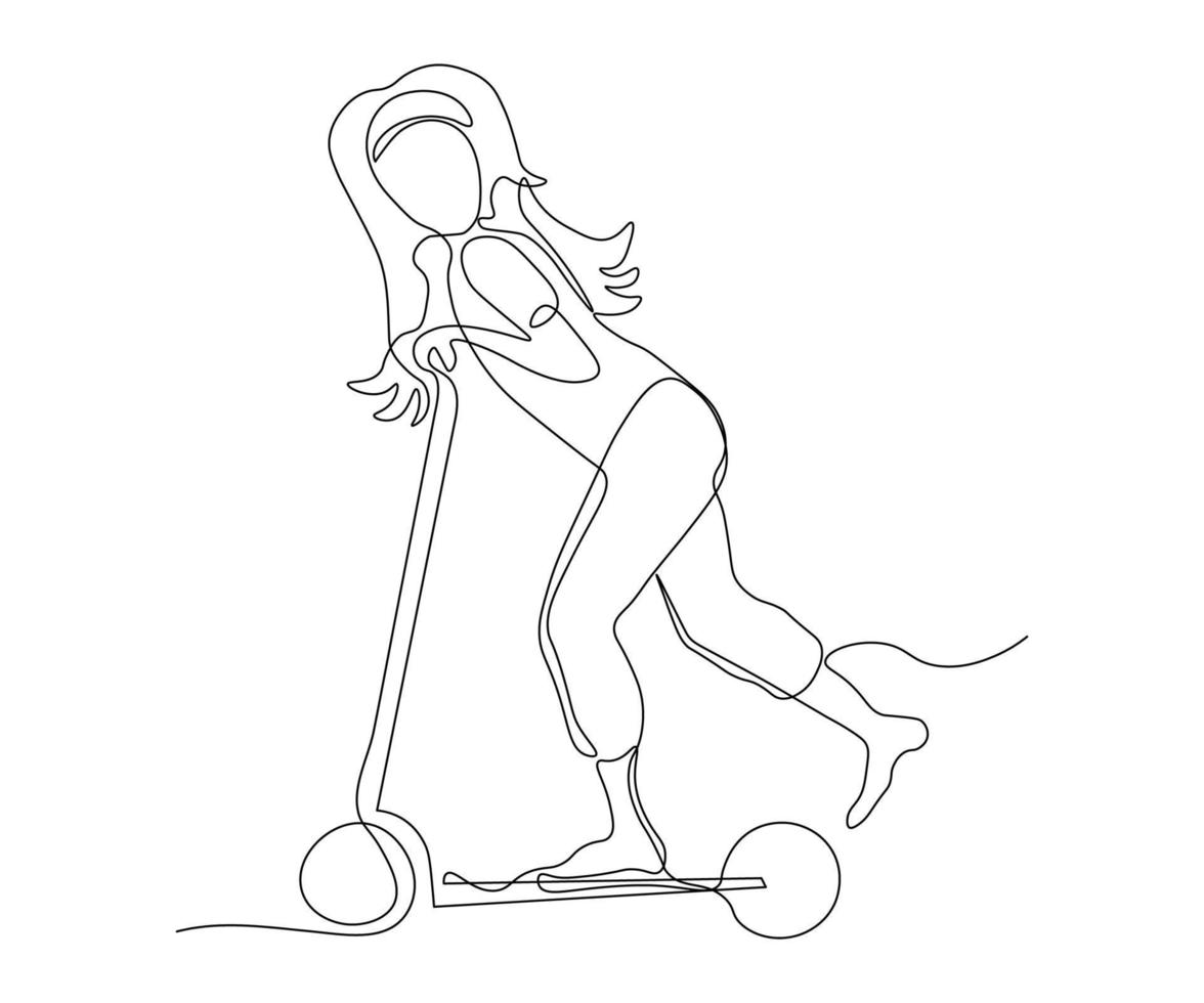 mujer abstracta, niña sin rostro, andar en scooter, dibujada a mano, línea mono continua, arte de una línea, dibujo de contorno vector