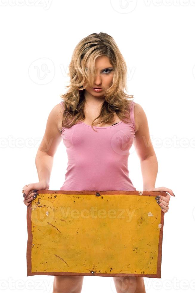 blonde posing with yellow vintage board photo