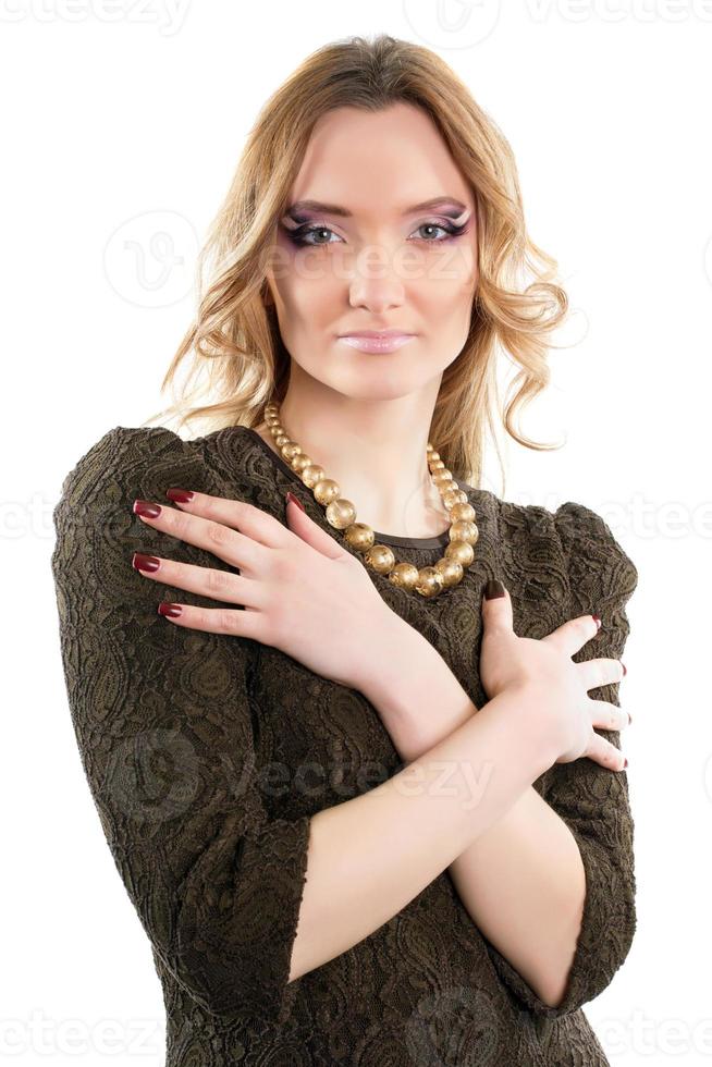 young woman in a brown dress photo