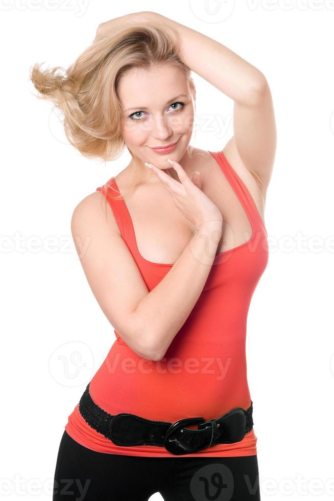 young smiling blonde in red t-shirt photo