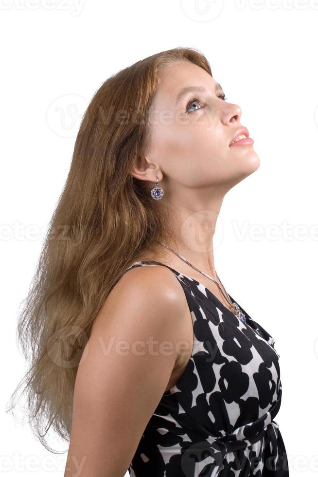 portrait of the beauty young woman looking upwards. Isolated photo