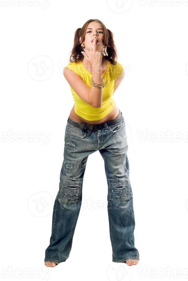 Naughty girl in wide jeans photo