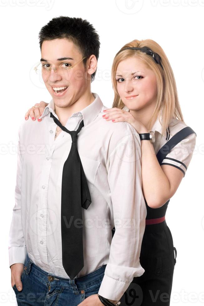 Portrait of cheerful student pair. Isolated photo