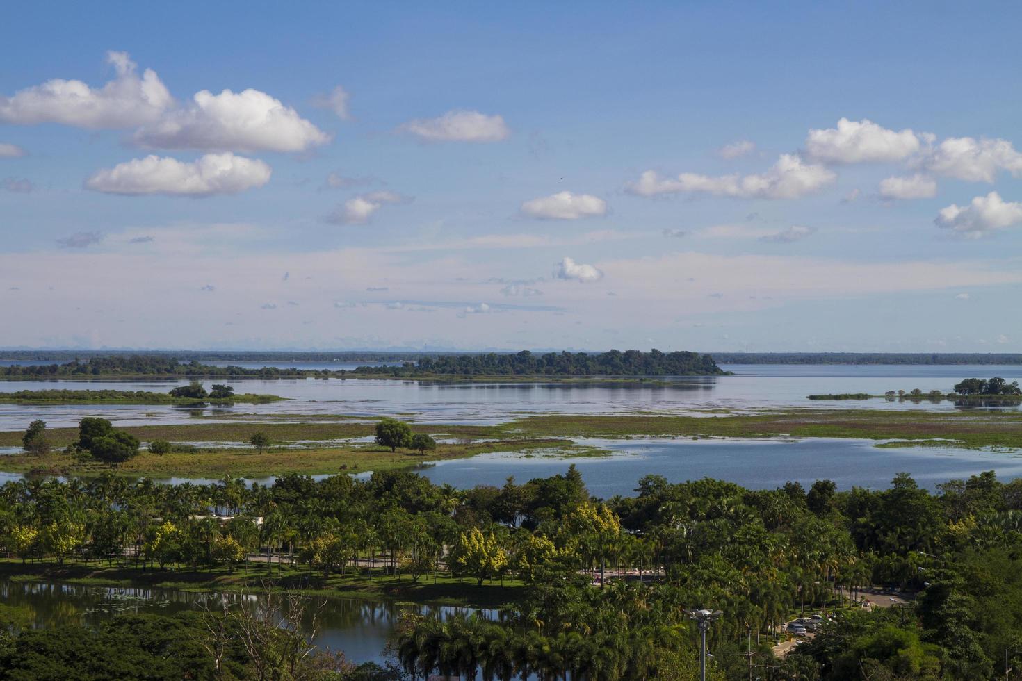 Nong Han Sakon Nakhon View Point High angle. Fresh green trees on the river bank and clear sky. photo