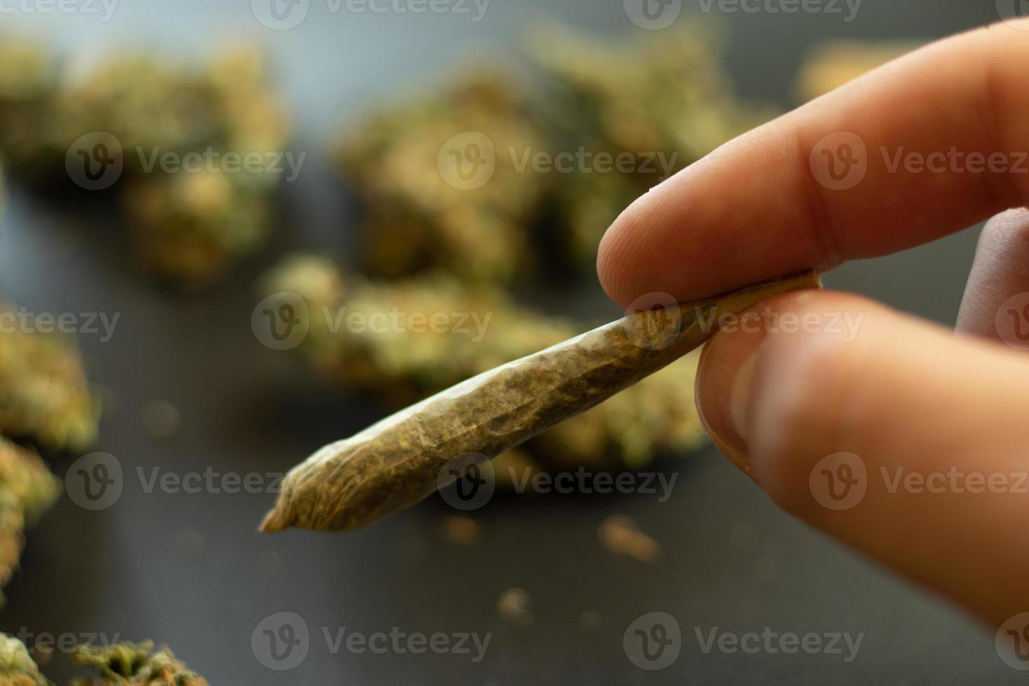 mano con articulación de marihuana, fondo borroso con cogollos de cannabis. uso de drogas médicas de hierba para el autocuidado. thc legal para el concepto de recreación foto