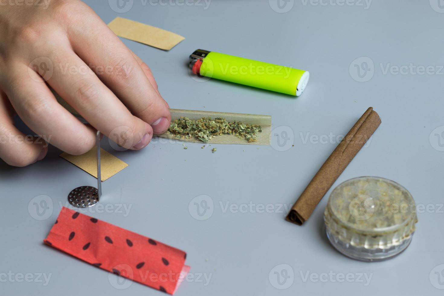 Accessories for smoking medical weed top view. Cannanis legal use lifestyle photo