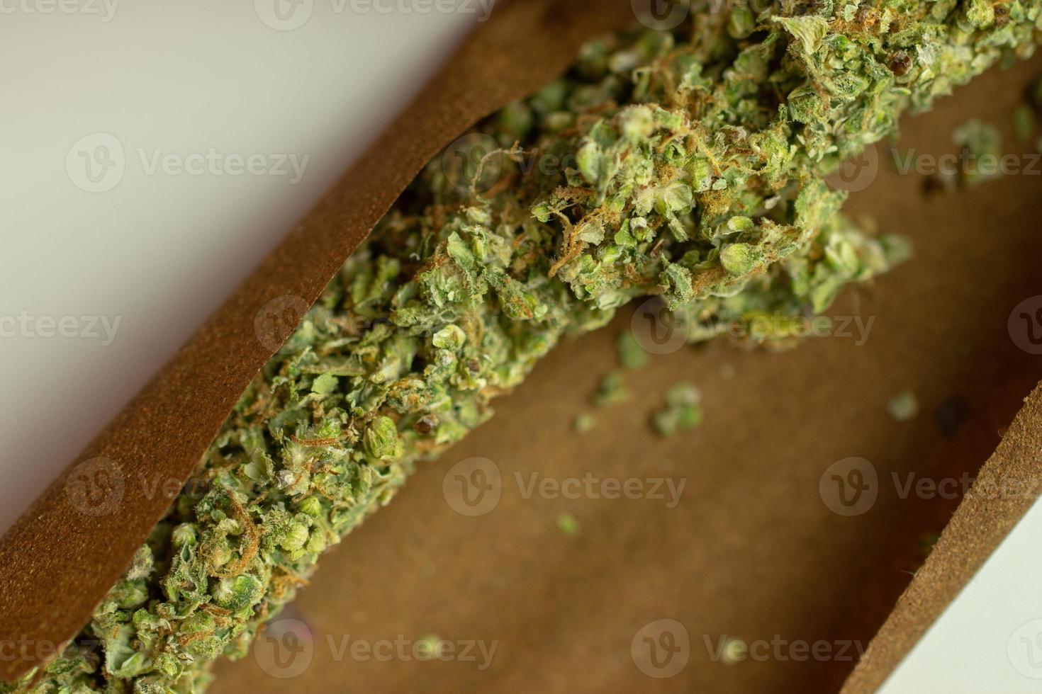 Cannabis marijuana rolled in blunt close up top view photo