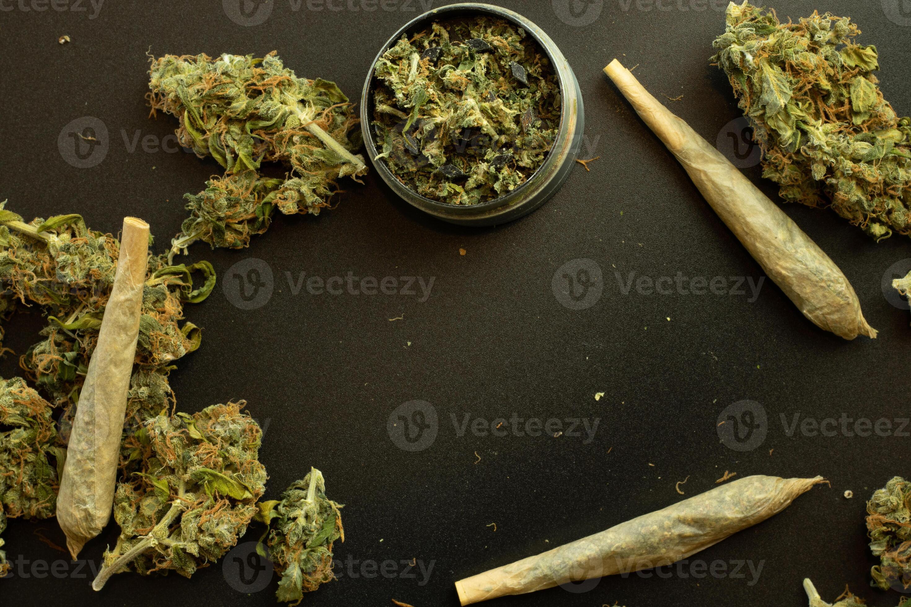 Rolled weed joint top view with cannabis buds on black background with