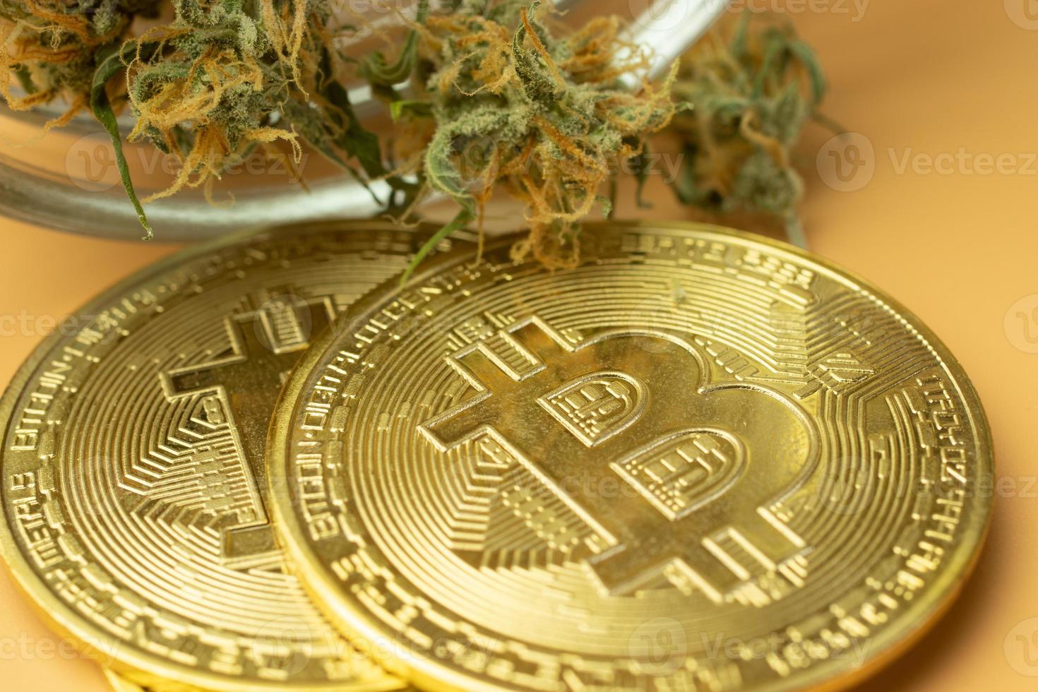 foto macro bitcoin con cogollos de cannabis. comprar drogas por criptomonedas