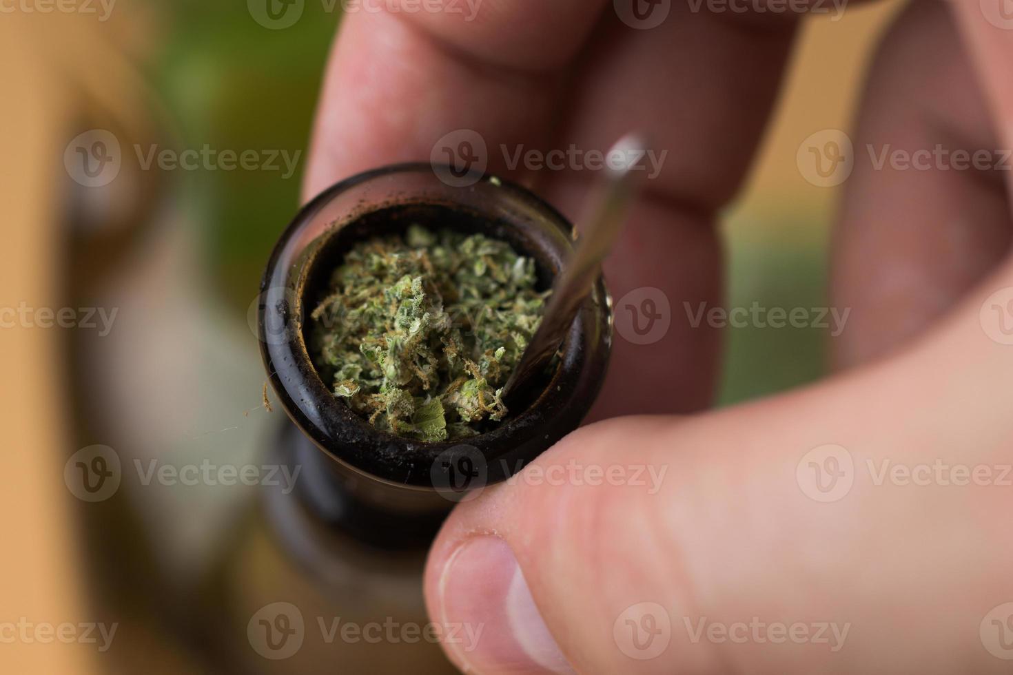 Man touching bong with shredded cannabis. Smoking marijuana photo