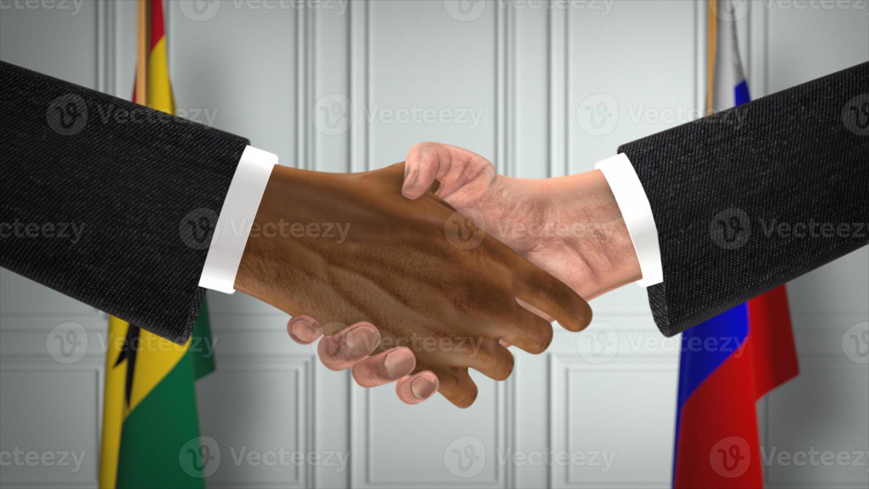 Ghana and Russia deal handshake, politics 3D illustration. Official meeting or cooperation, business meet. Businessmen or politicians shake hands photo