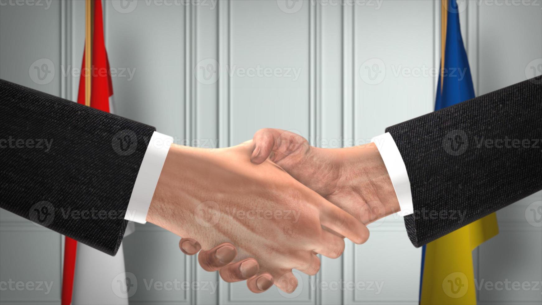 Indonesia and Ukraine diplomacy deal 3D illustration. Businessman partner handshake. National flag on background photo