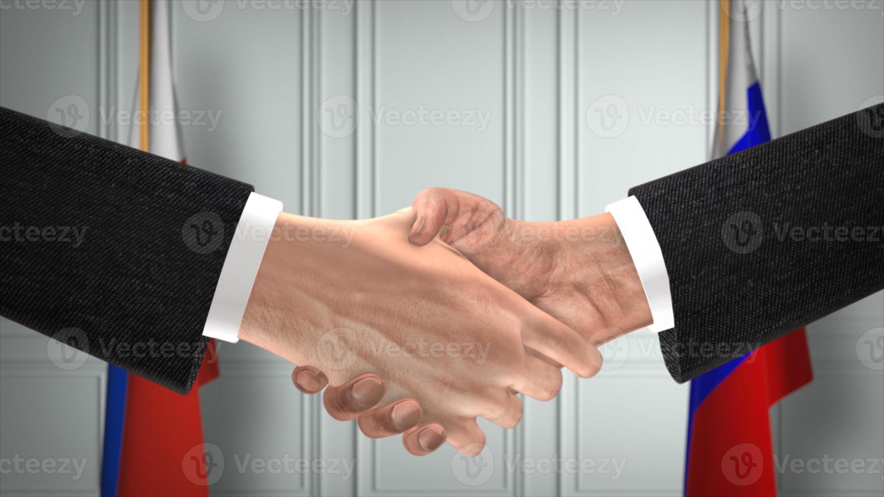 Chile and Russia deal handshake, politics 3D illustration. Official meeting or cooperation, business meet. Businessmen or politicians shake hands photo