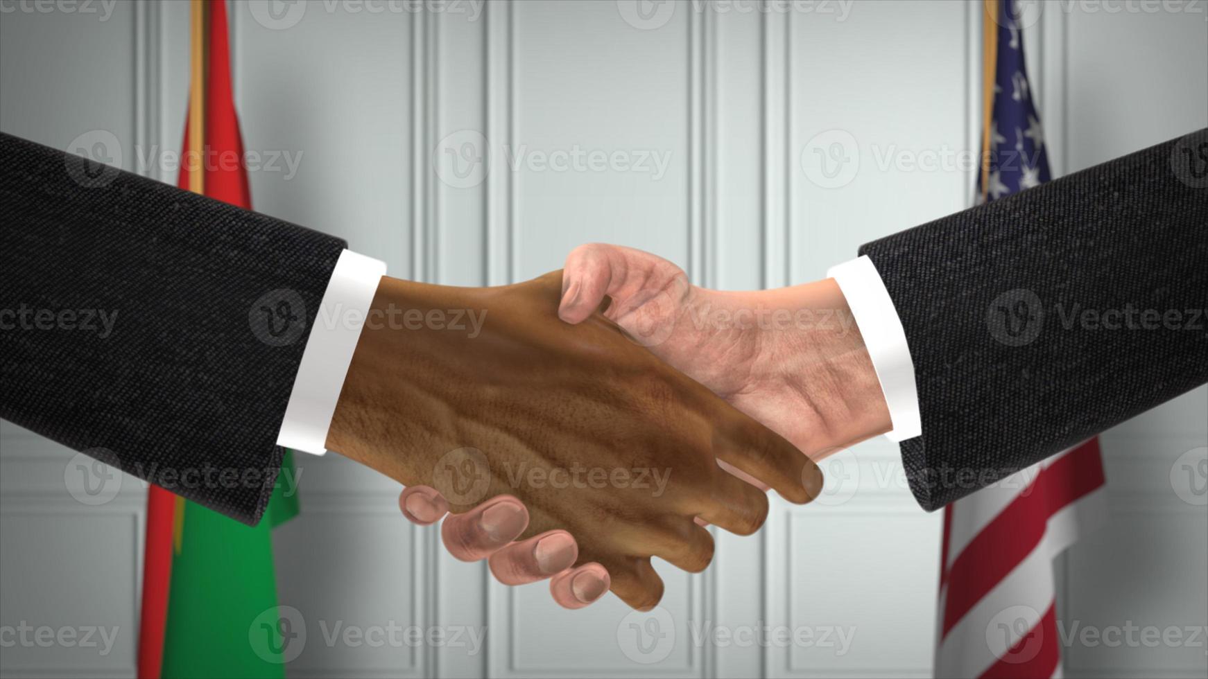 Burkina Faso and USA Partnership Business Deal. National Government Flags. Official Diplomacy Handshake 3D Illustration. Agreement Businessman Shake Hands photo