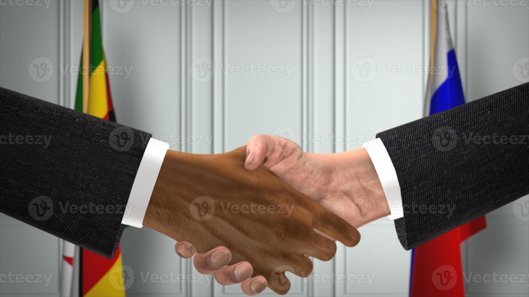 zimbabwe y rusia negocian apretón de manos, ilustración política 3d. reunión oficial o cooperación, reunión de negocios. empresarios o políticos se dan la mano foto