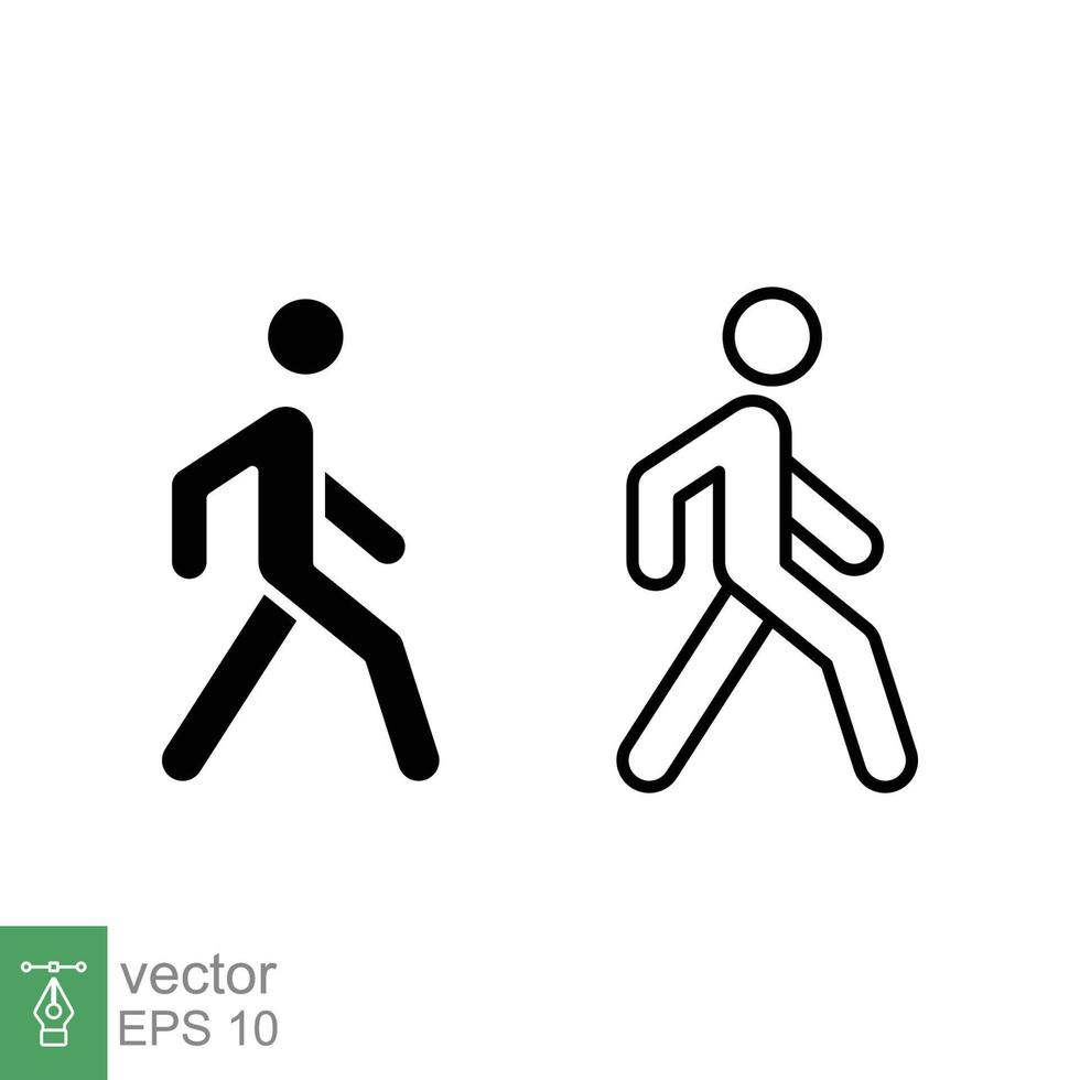 Walk line and glyph icon. Simple outline and solid style. Pedestrian, man, pictogram, human, side, walkway concept symbol. Vector illustration isolated on white background. EPS 10.