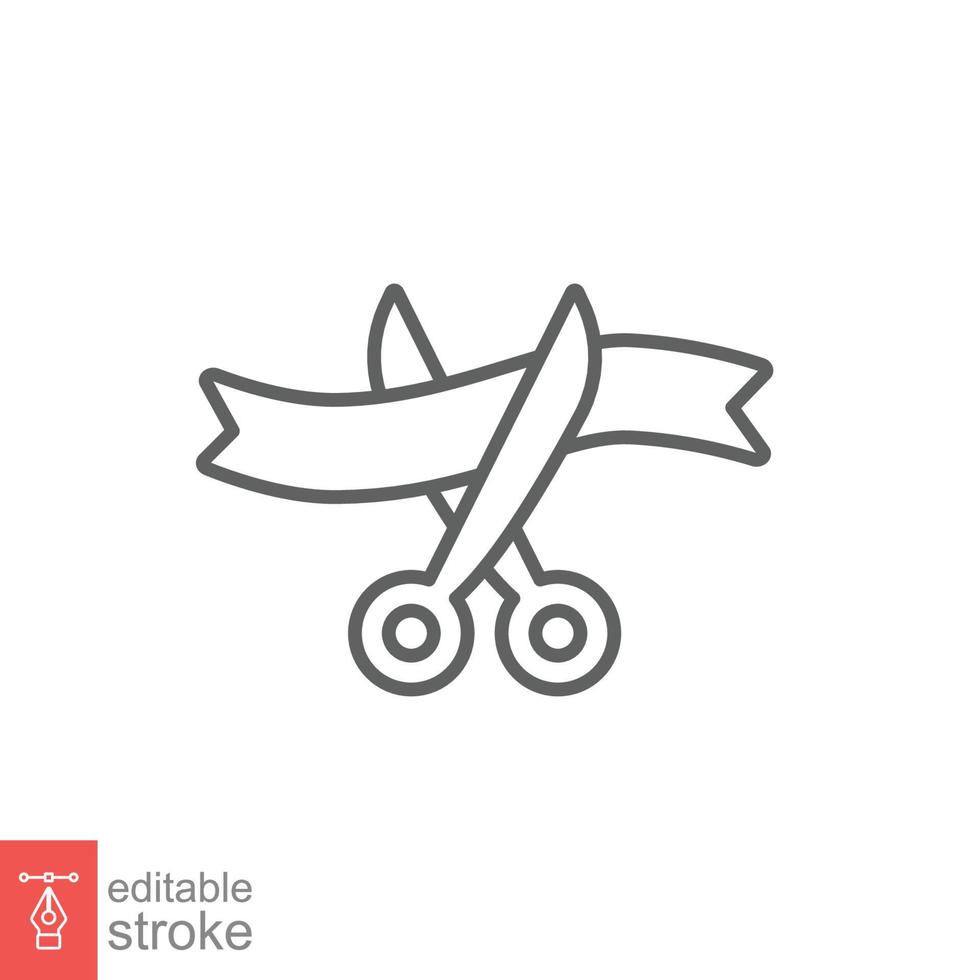 Grand opening line icon. Simple outline style for web and mobile app design element. Open, ribbon, cut, scissor, inauguration, ceremony concept. Vector illustration isolated. Editable stroke EPS 10.