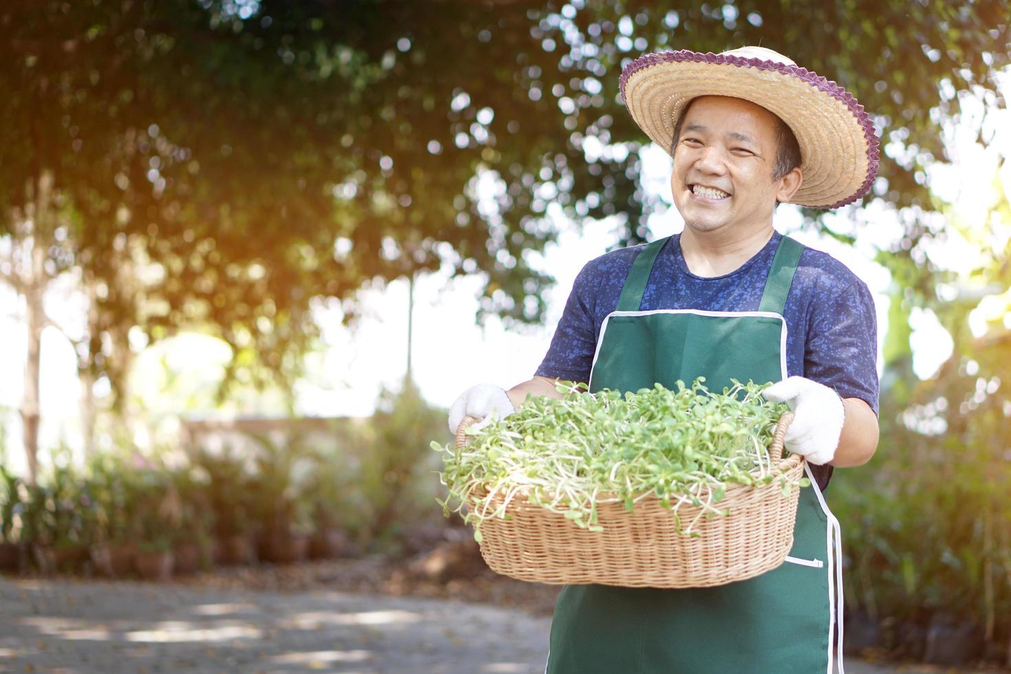 Portrait of Asian 40s man who is smiling with his sunflower sprouts in wicker basket which he grew them by himself in the backyard during his freetime activity at home. photo