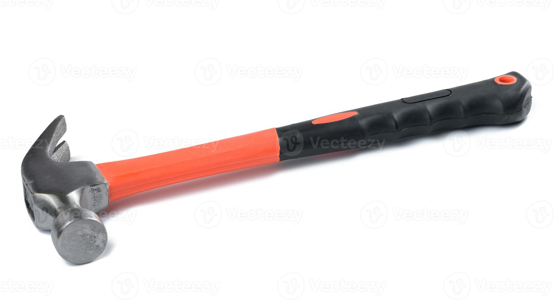 Metal hammer with rubber black handle isolated on white background. photo