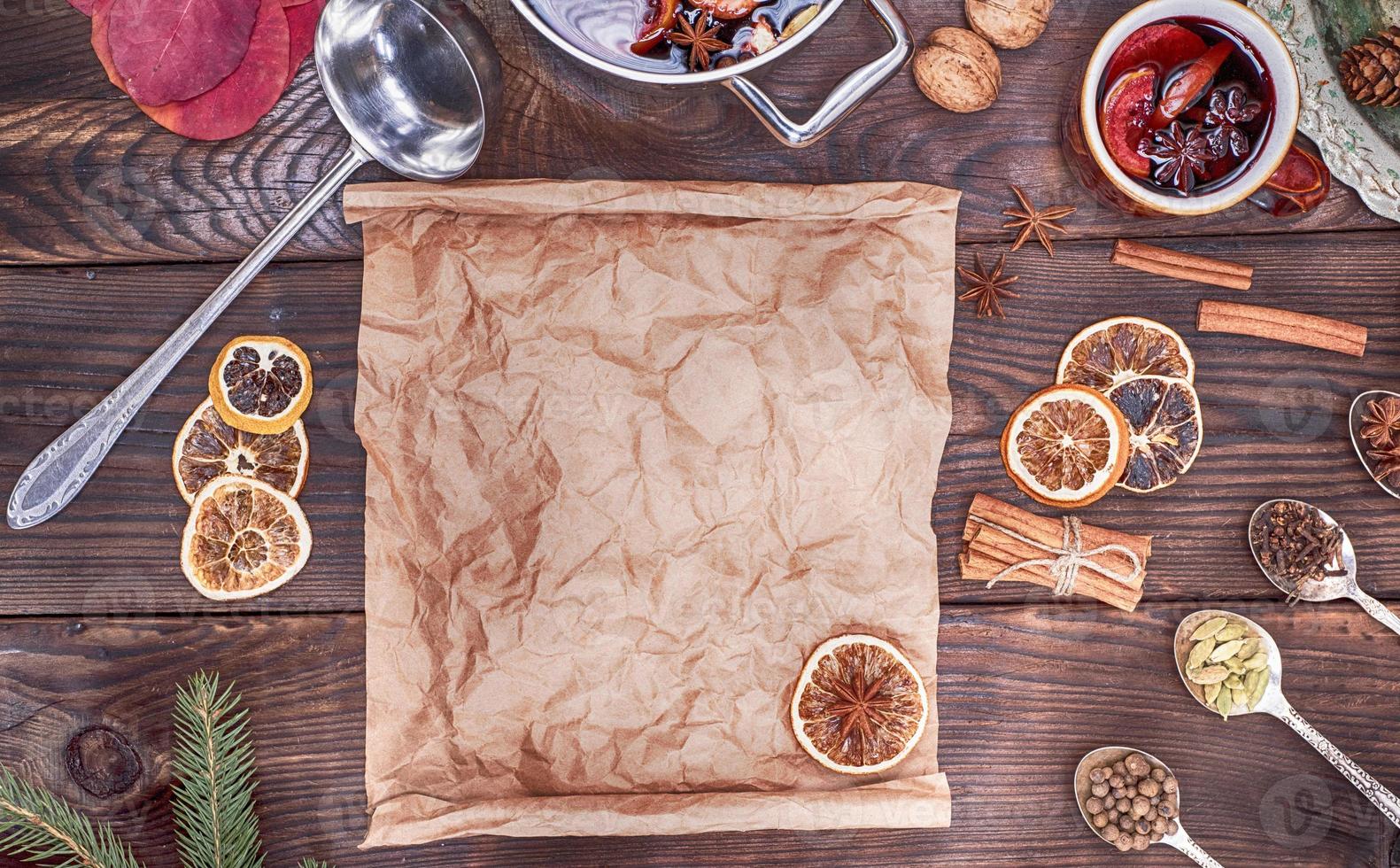 mulled wine in an iron casserole and an empty paper scroll photo