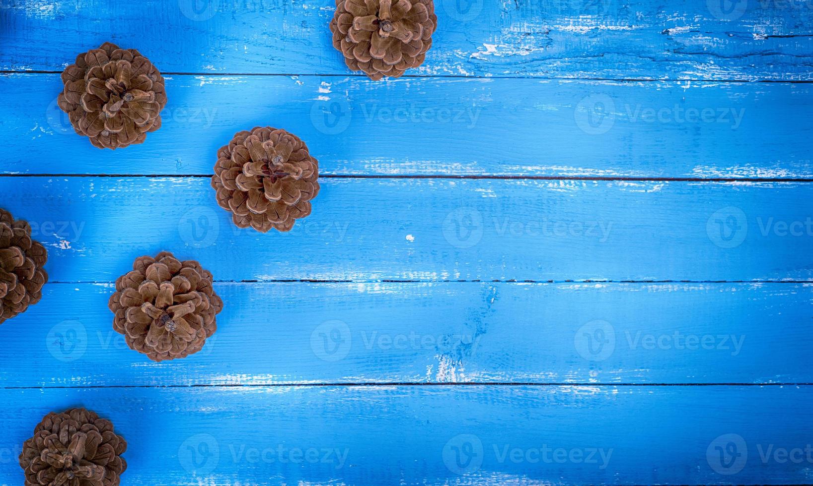 blue wood background with pine cones photo
