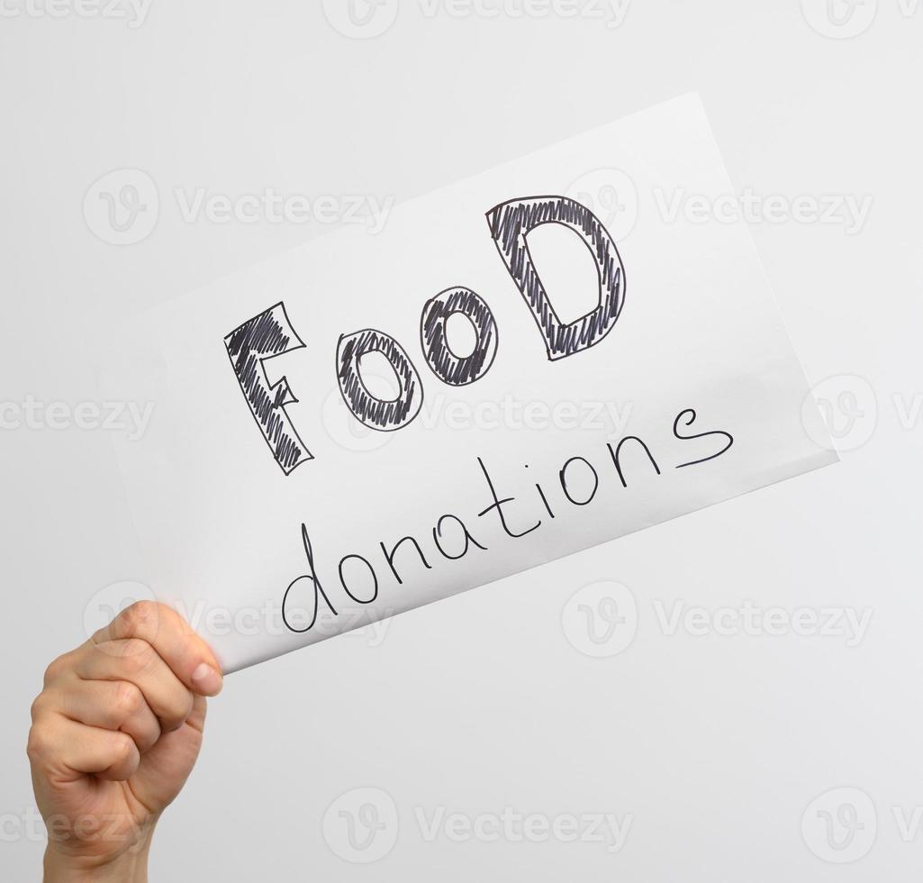 female hand holds white sheet of paper with the inscription food donations photo