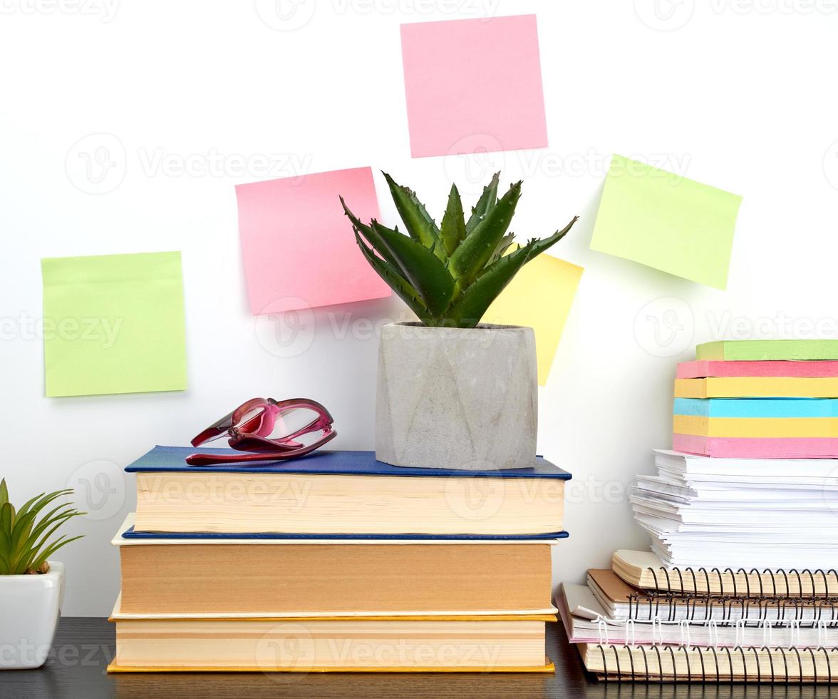 stack of spiral notebooks and colored stickers, next to a ceramic pot with a flower photo