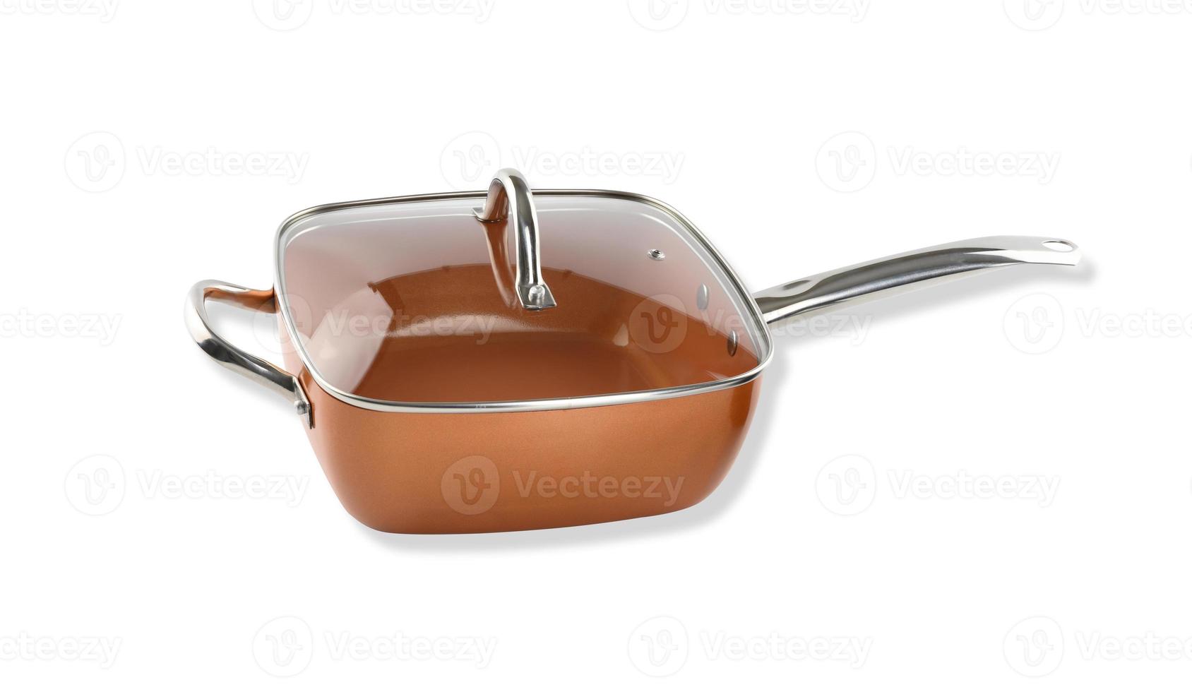 copper deep frying pan with transparent lid on white background photo