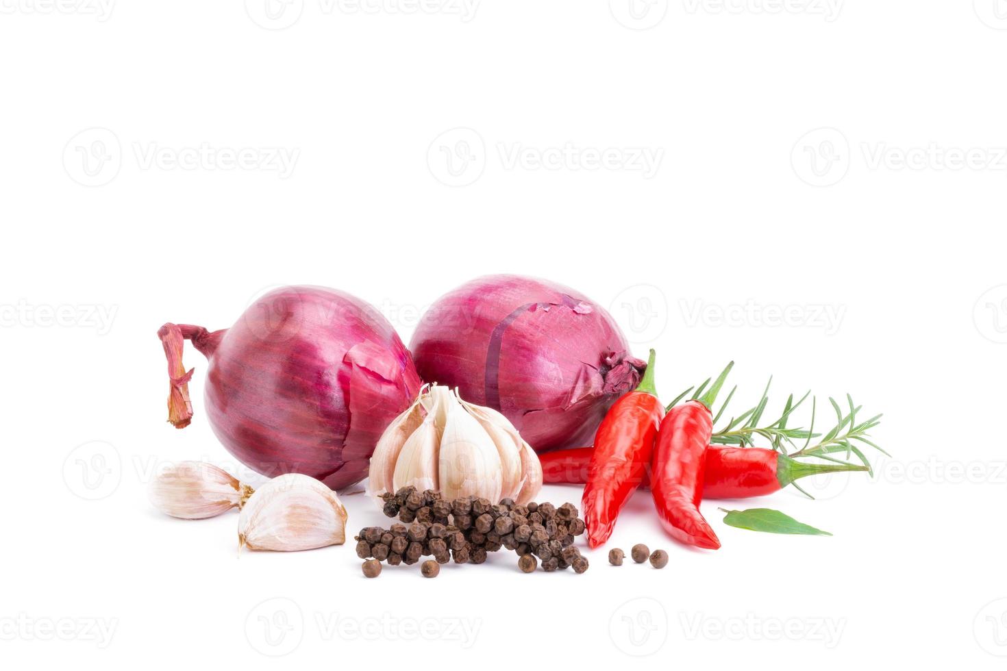 Composition of various herbs and spices vegetables rosemary pepper onion, garlic, fresh red chili, and garden mix for healthy food. isolated on white background, top view photo