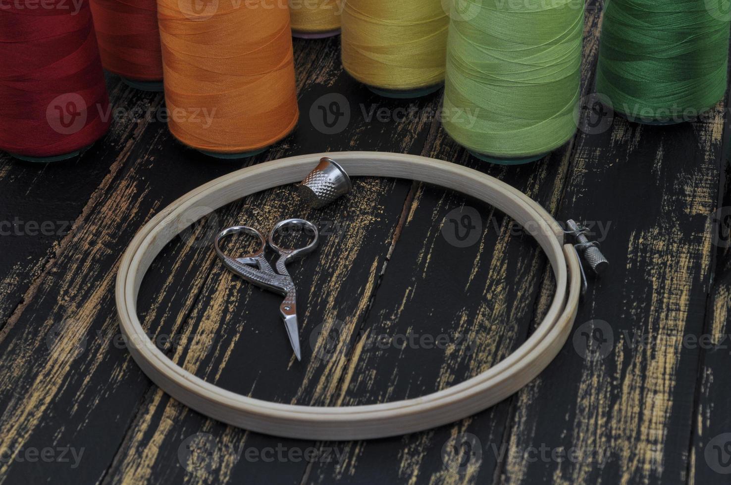 Hoop, scissors and colored threads photo