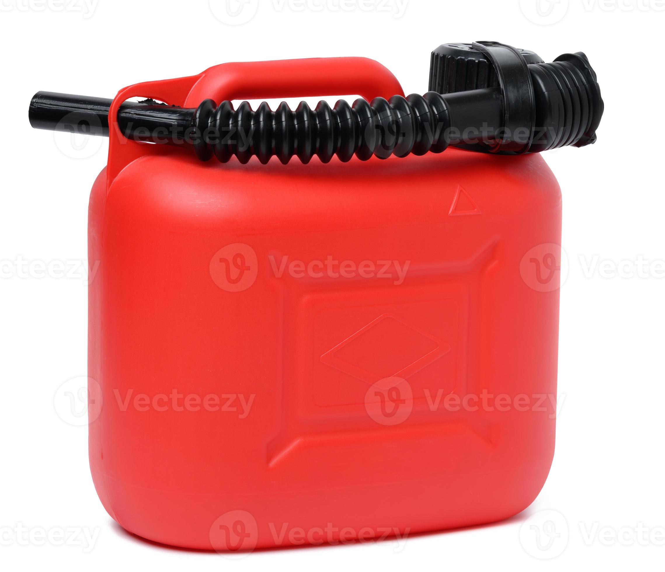 Red plastic canister for liquid fuels and lubricants on a white