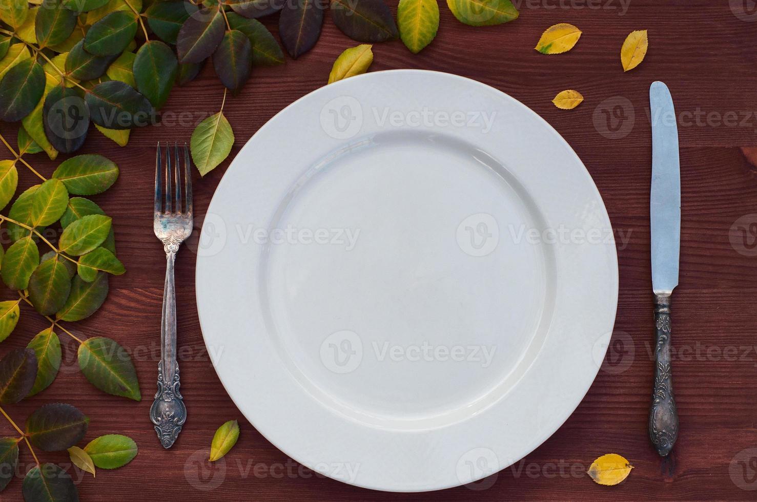 White plate on brown wooden surface among the leaves photo