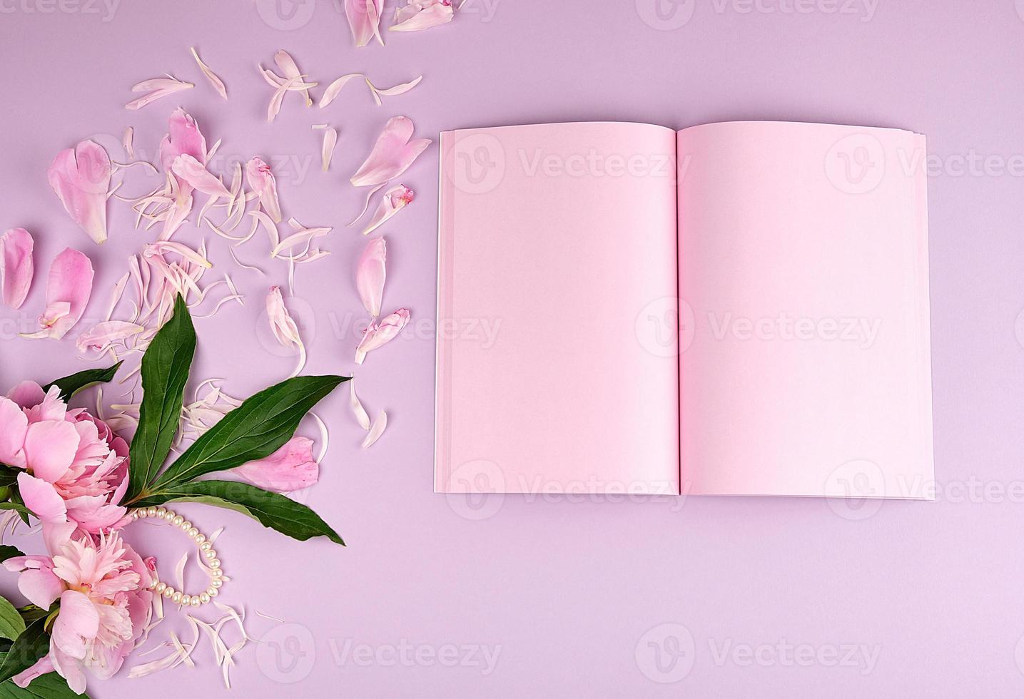 open blank notebook with pink sheets and blooming peonies photo