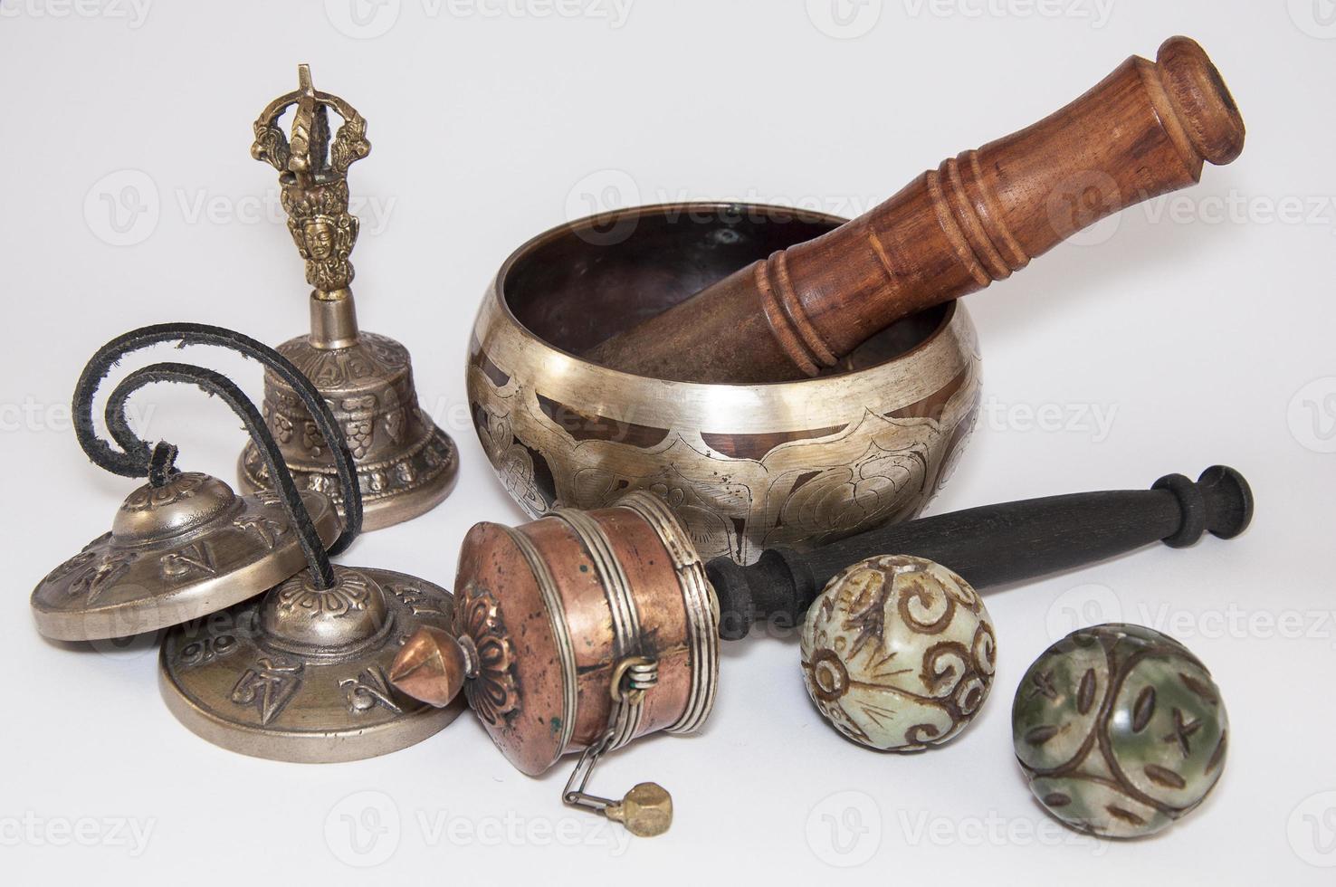 Singing Bowl and a set of Tibetan religious objects photo