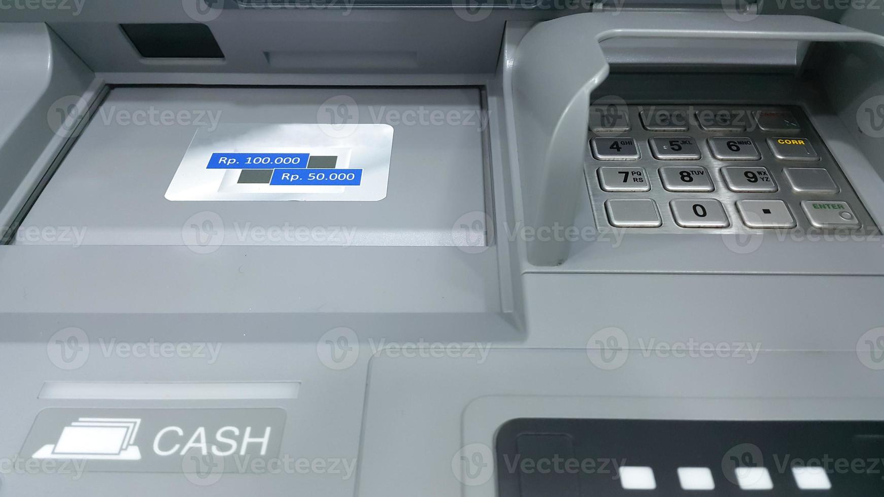 Close up of ATM keypad with withdrawal. ATM machine. photo