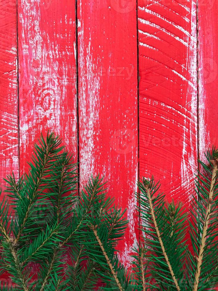 fondo de madera roja con rama de abeto foto