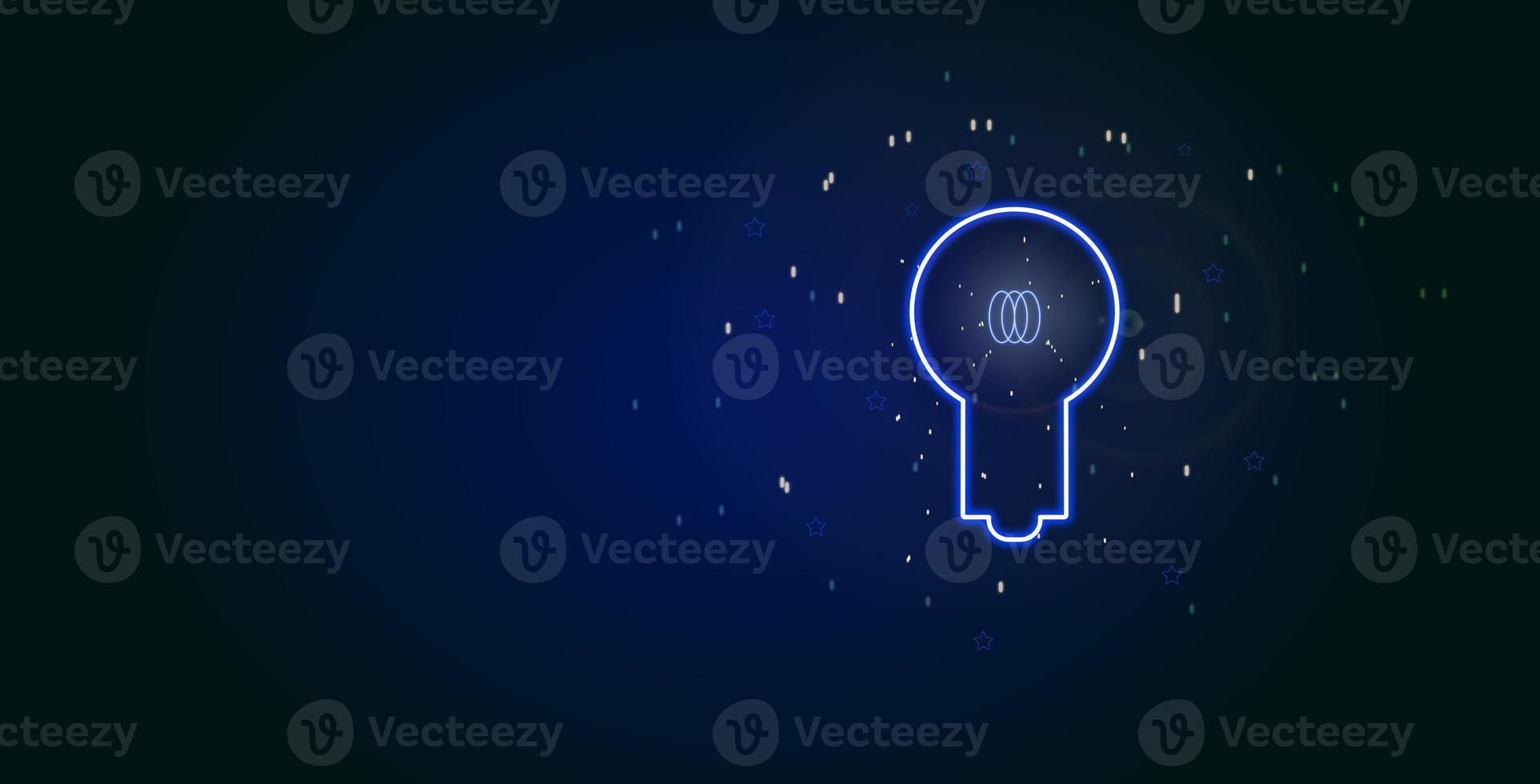 Illustration of a neon light bulb on a blue background. Idea concept, brainstorming photo