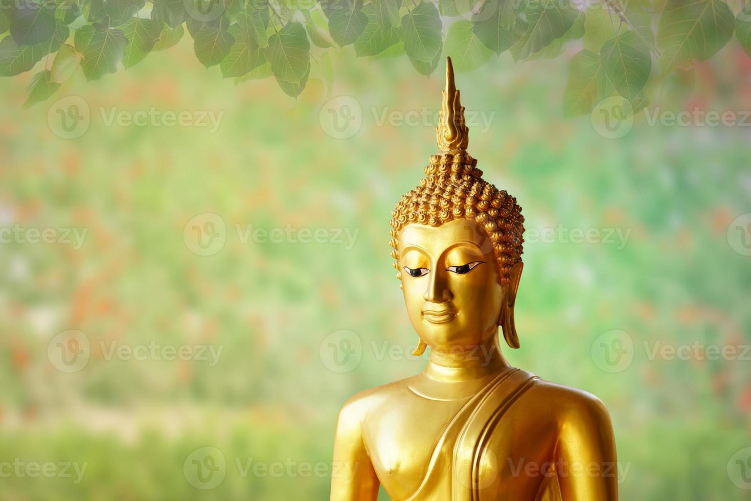 Makha Asanaha Visakha Bucha Day Golden Buddha image. Background of Bodhi leaves with shining light. Soft image and smooth focus style photo
