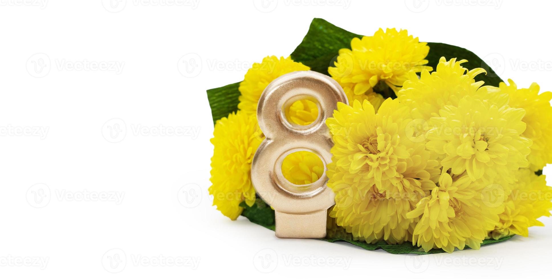 Bouquet of yellow chrysanthemums with golden number 8 with space for text on white isolated background. International Women's Day, March 8, birthday. Copy space photo