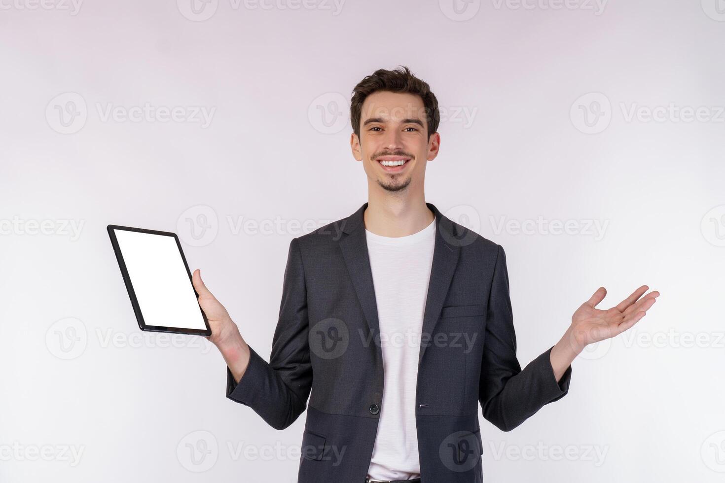 Portrait of attractive cheerful businessman using device app searching web isolated over white color background photo