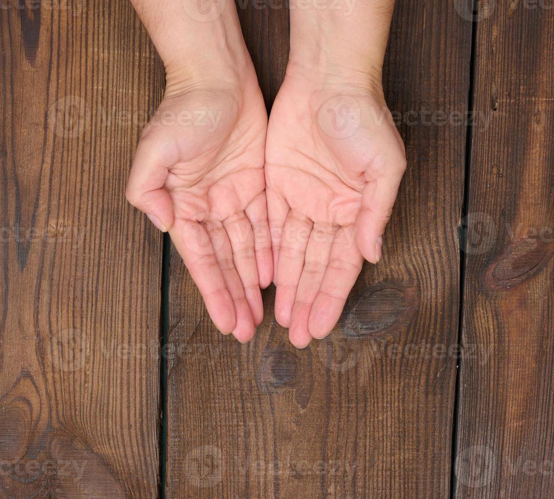 Two female hands on a brown background. Empty palms open, top view photo