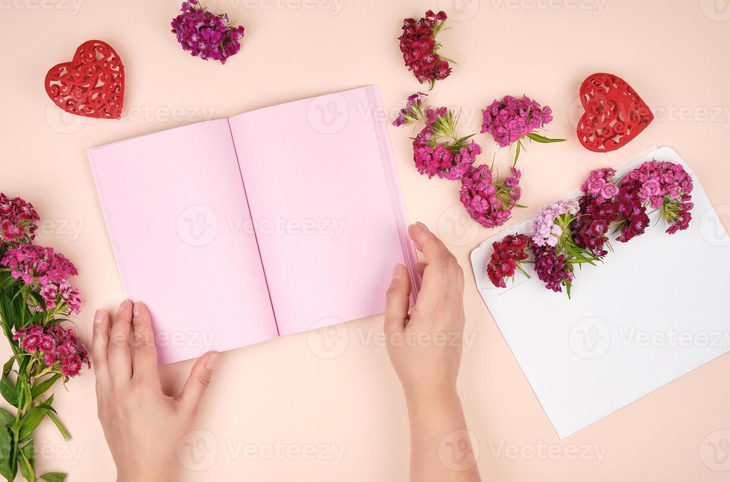 two female hands and an open  notebook with pink blank sheets photo