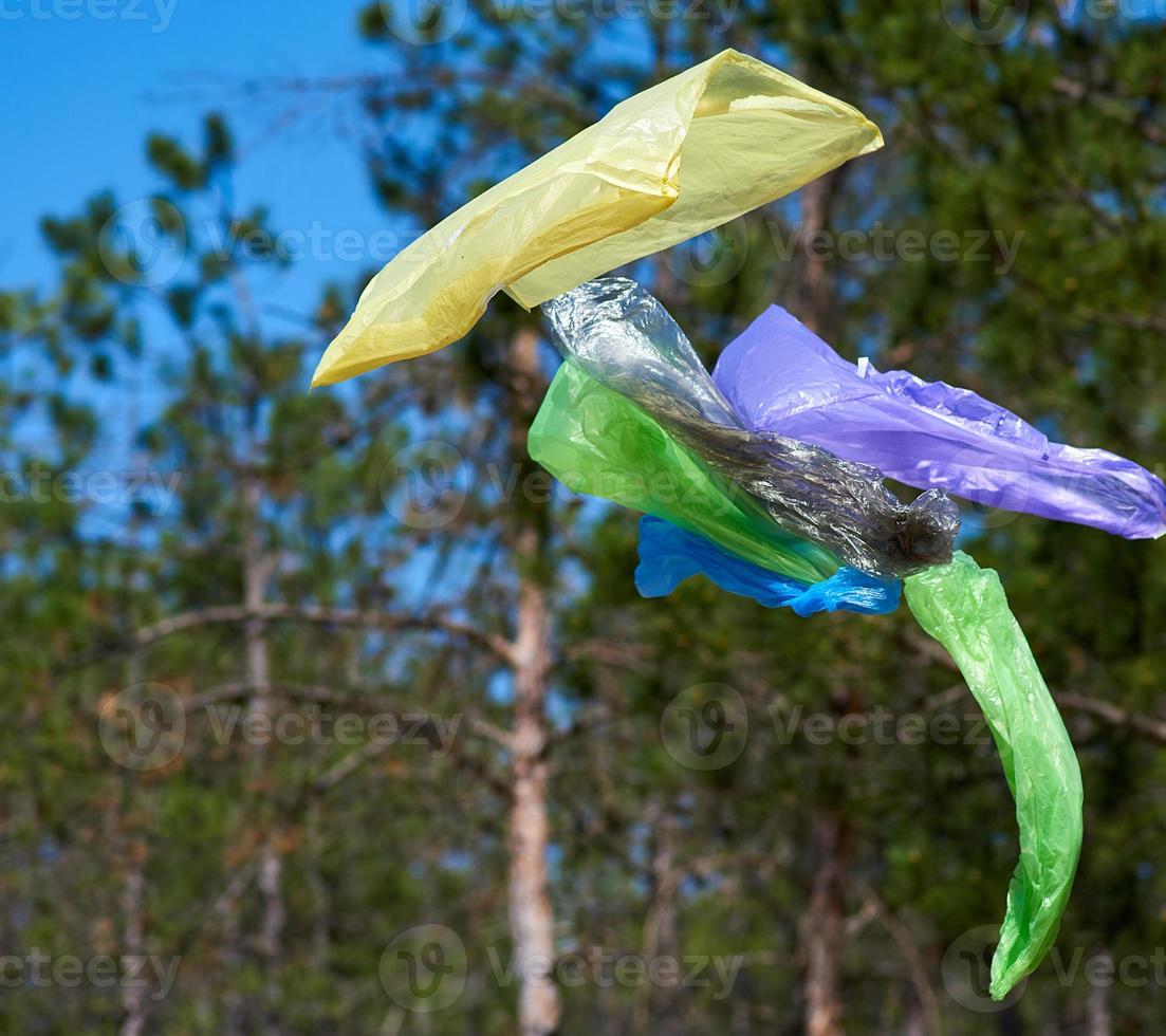 bolsas de plástico de basura vacías vuelan en el bosque foto