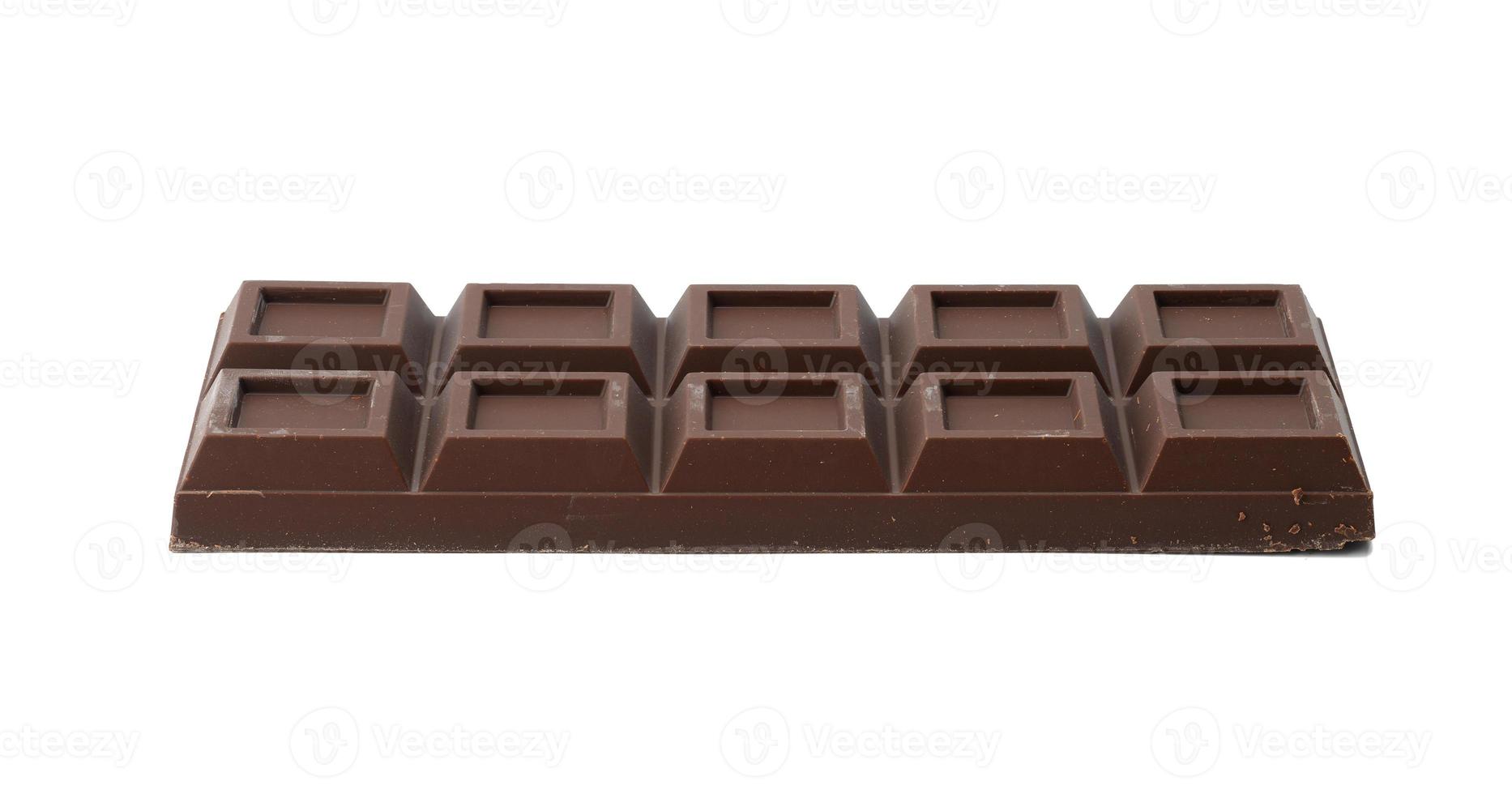 bar of dark chocolate isolated on white background, close up photo