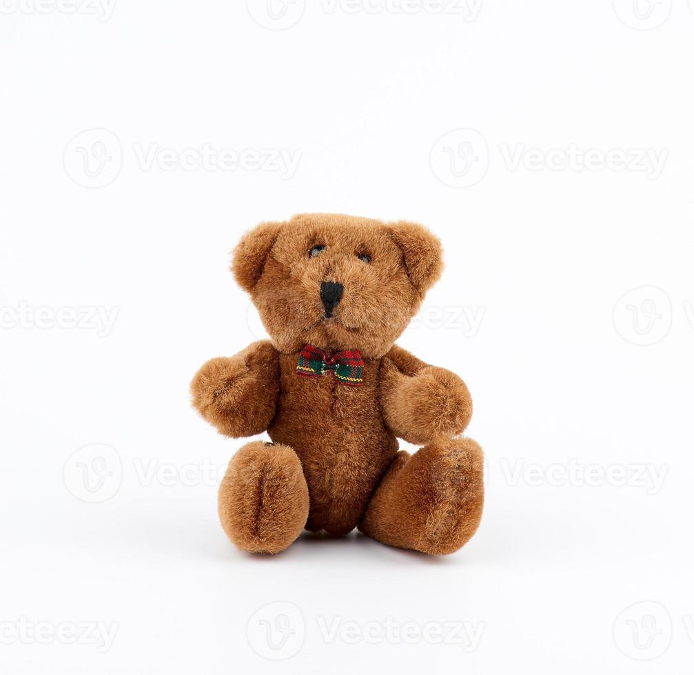 little cute brown teddy bear with a bow on his neck photo