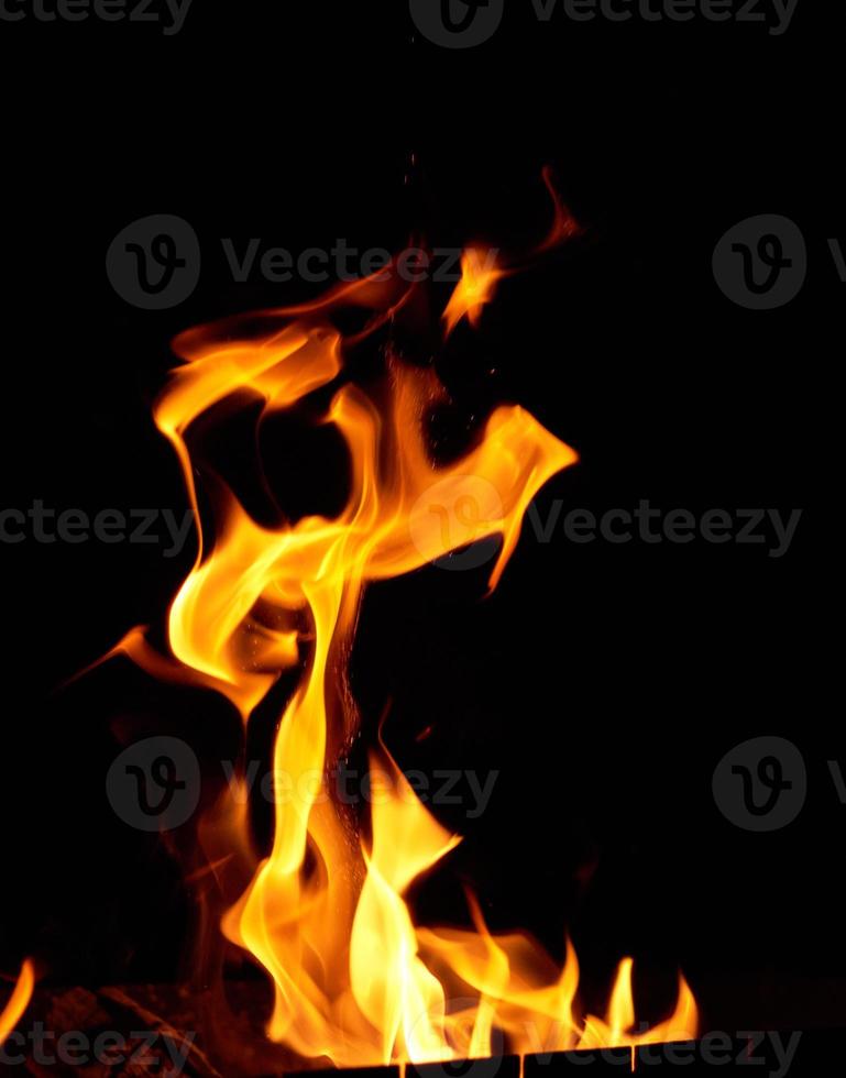 burning wooden logs and large orange flame on a black background photo